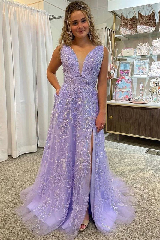 Floral Lace Plunge Neck A-Line Prom Dress