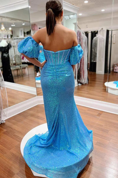 Sequin Strapless Mermaid Long Prom Dress with Balloon Sleeves