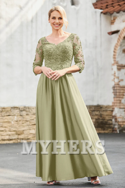 My Hers New Product Mother of The Bride Dress A-Line Satin V-neck Delicate Lace Applique Dress Elegant Wedding Guests Dresses