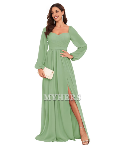 Sweetheart Long Sleeve Pleated Side Fork Chiffon Elegant Bridesmaid Dresses Wedding Guests Dresses