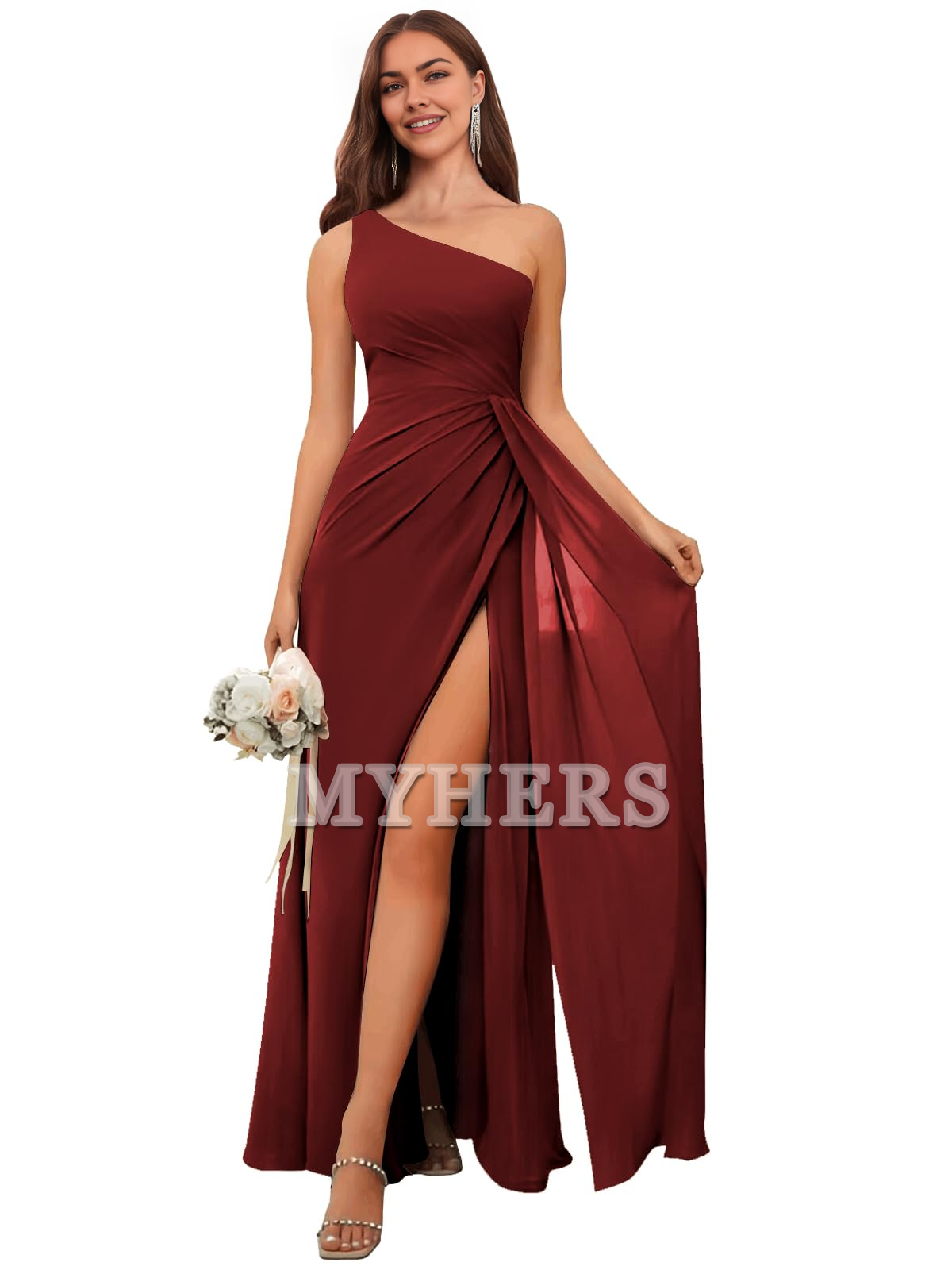 One Shoulder Pleated Charming Chiffon Side Fork Long Bridesmaid Dresses Wedding Guests Dresses