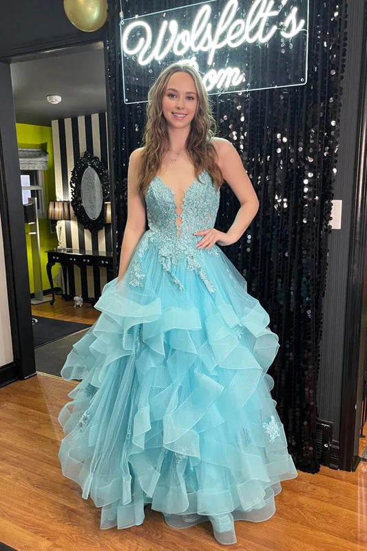 A Line V Neck Spaghetti Strap Ruffle Long Prom Dress with Appliques