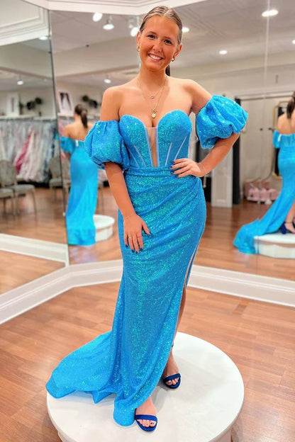 Sequin Strapless Mermaid Long Prom Dress with Balloon Sleeves