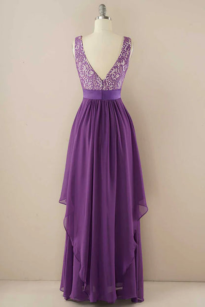 Purple Round neck Lace Jewel Sleeveless Tiered Pleats Bridesmaid Dress ﻿