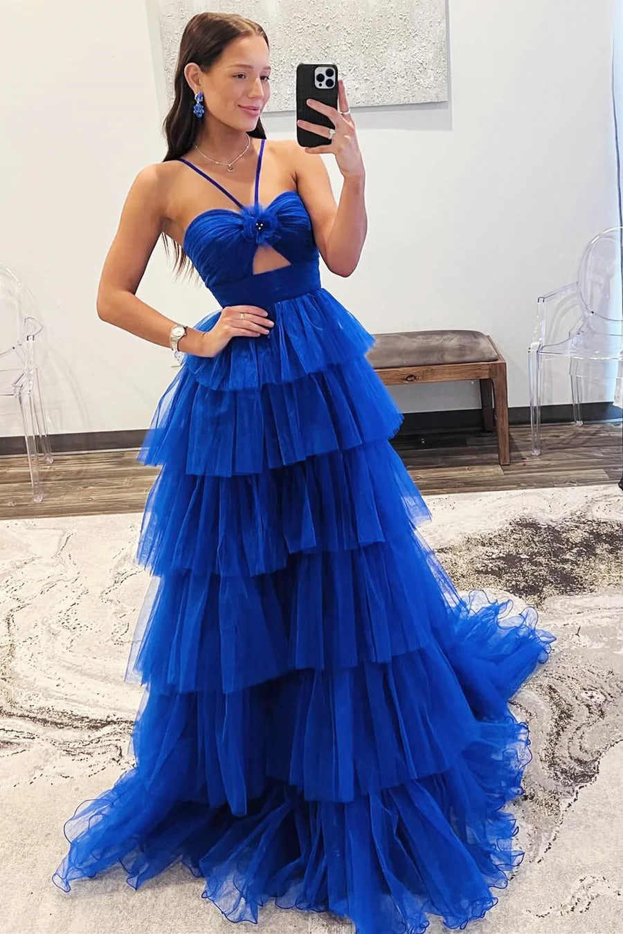 Print Halter Keyhole Ruffle Tiered Long Prom Dress