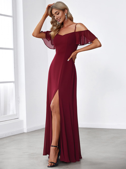 Wedding Guest Dresses A-Line Women's Off Shoulder Short Sleeve Split Floor Length Evening Dresses Formal Dresses