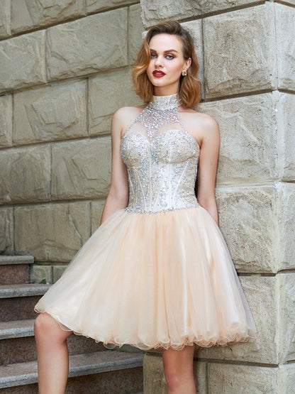 A-Line/Princess Halter Sleeveless Beading Net Short/Mini Dresses