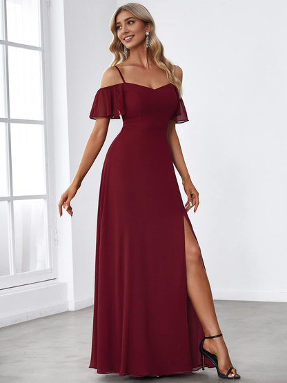 Wedding Guest Dresses A-Line Women's Off Shoulder Short Sleeve Split Floor Length Evening Dresses Formal Dresses