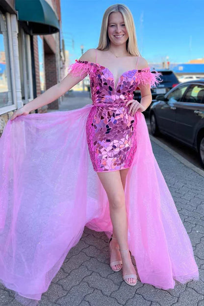 Cut Glass Mirror Cold-Shoulder Short Party Dress with Attached Train