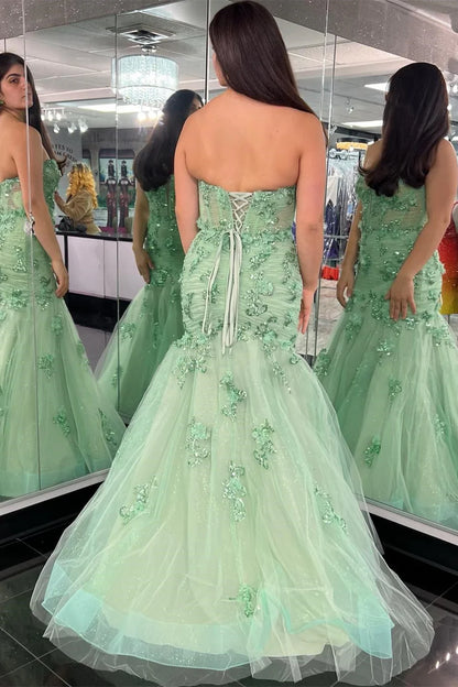 Appliques Strapless Trumpet Long Formal Dress