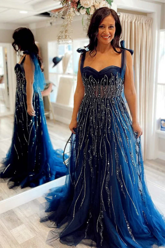 Beaded Sweetheart Tie-Strap A-Line Prom Dress