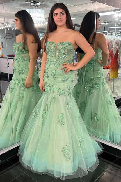 Appliques Strapless Trumpet Long Formal Dress