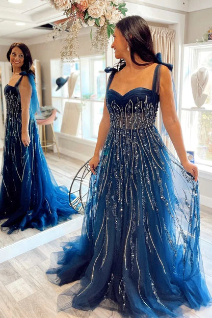 Beaded Sweetheart Tie-Strap A-Line Prom Dress