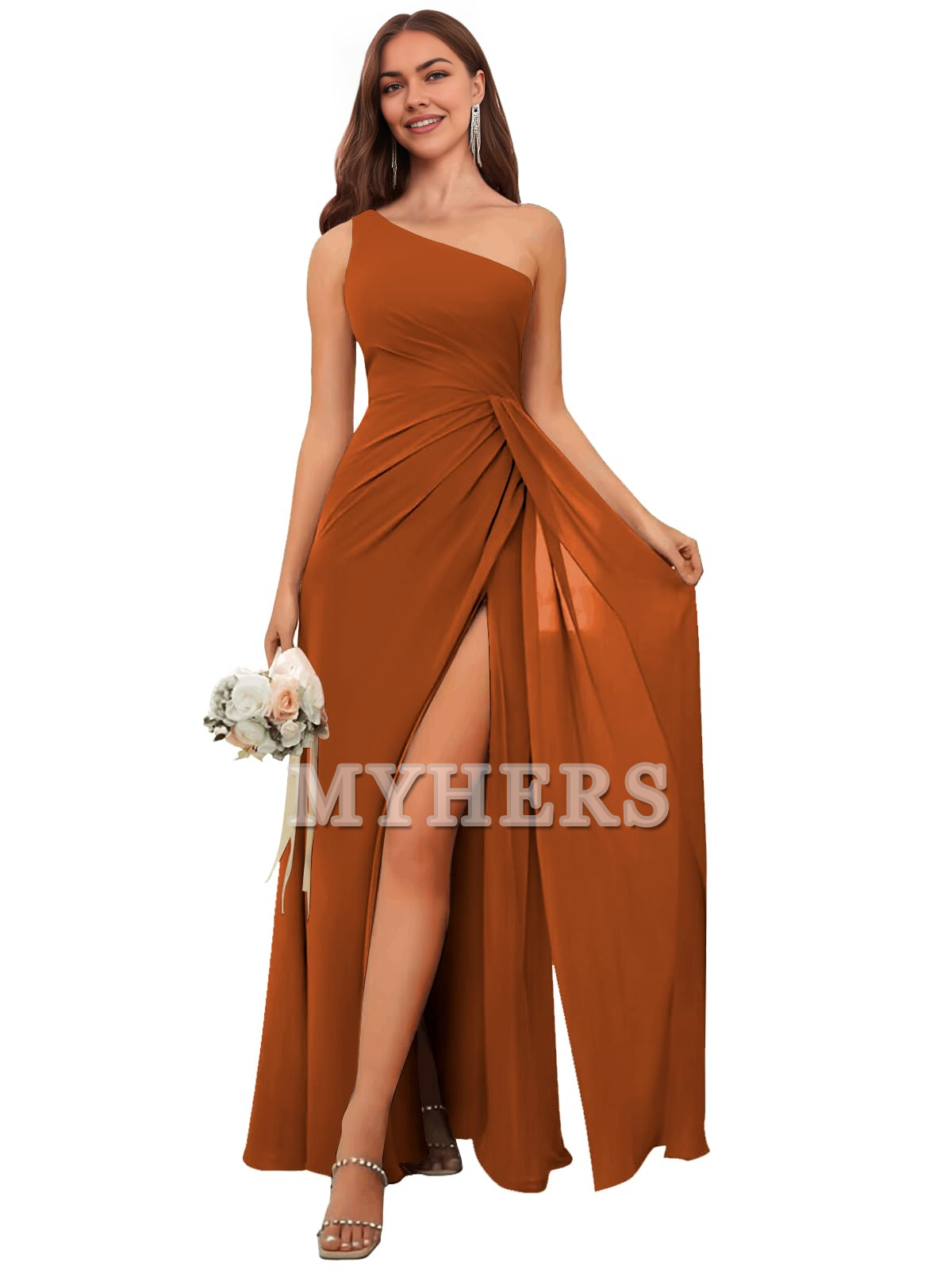 One Shoulder Pleated Charming Chiffon Side Fork Long Bridesmaid Dresses Wedding Guests Dresses