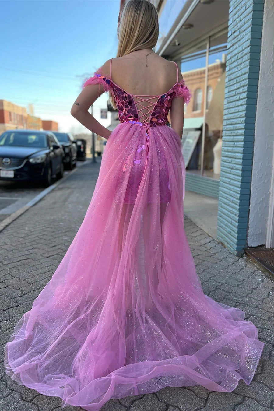 Cut Glass Mirror Cold-Shoulder Short Party Dress with Attached Train