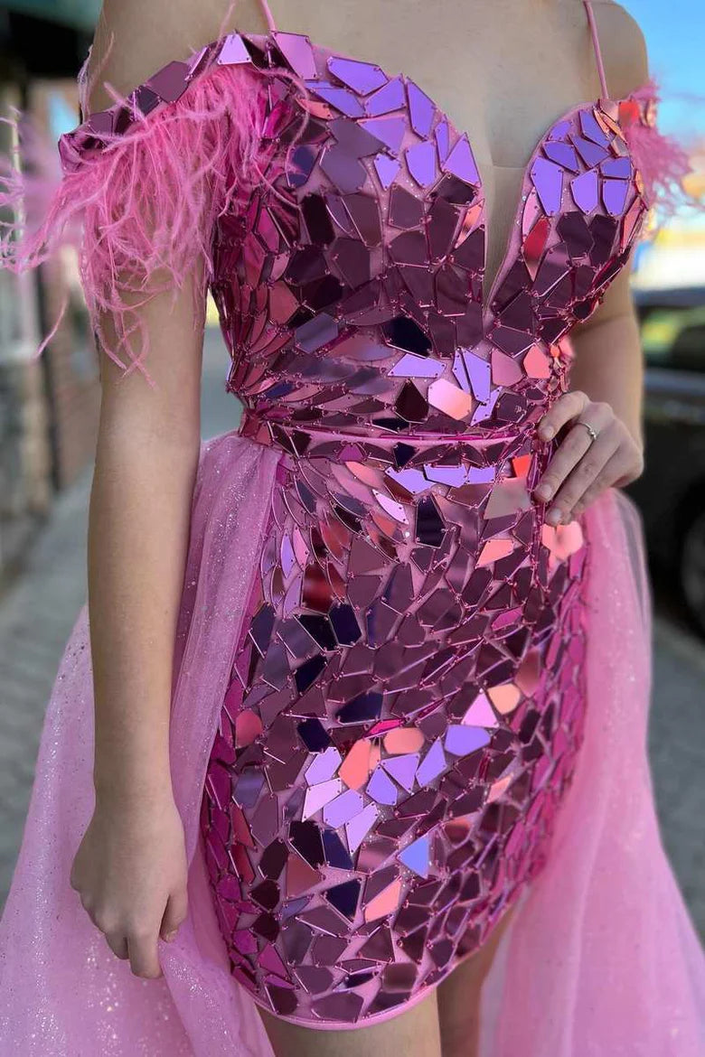 Cut Glass Mirror Cold-Shoulder Short Party Dress with Attached Train