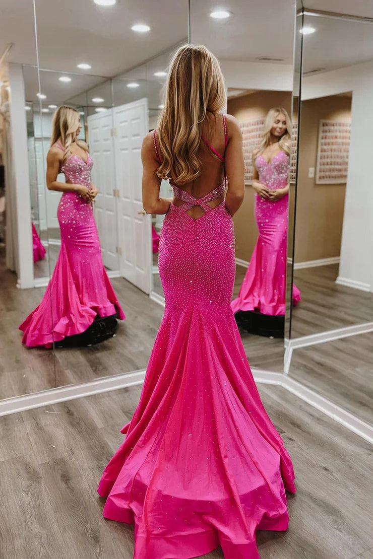 Charming Mermaid V Neck Spaghetti Strap Fuchsia Satin Long Prom Dress with Beading