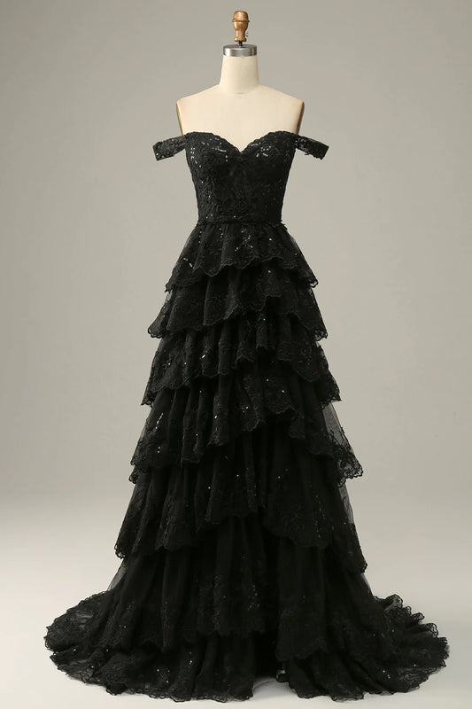Black A-Line Off-the-Shoulder Tulle Tiered Split Fork Floor-Length Prom Dress