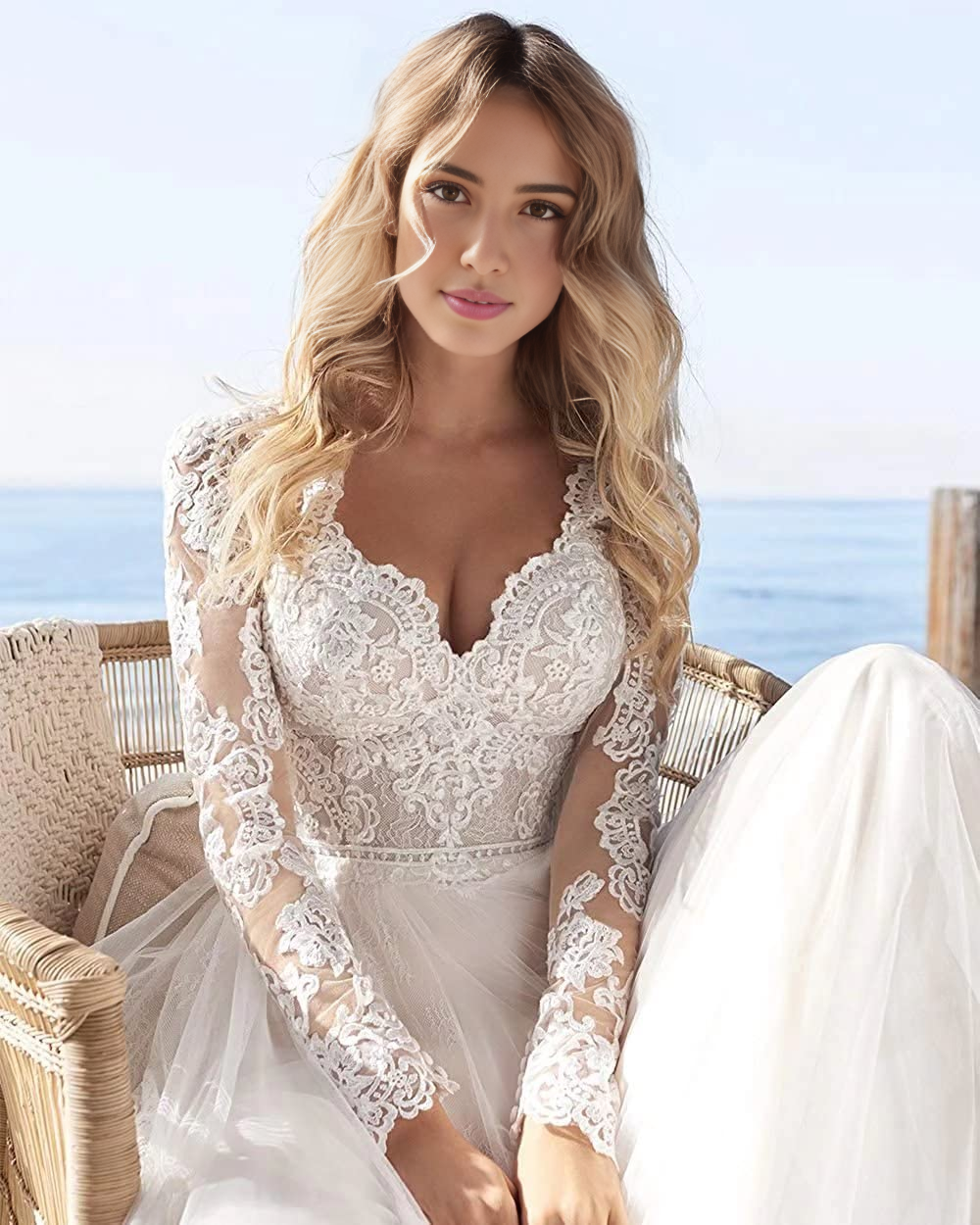 New Pattern Wedding Dress V Neck Mermaid Lace Long sleeves Beach Bridal Dress Formal Women's Dresses