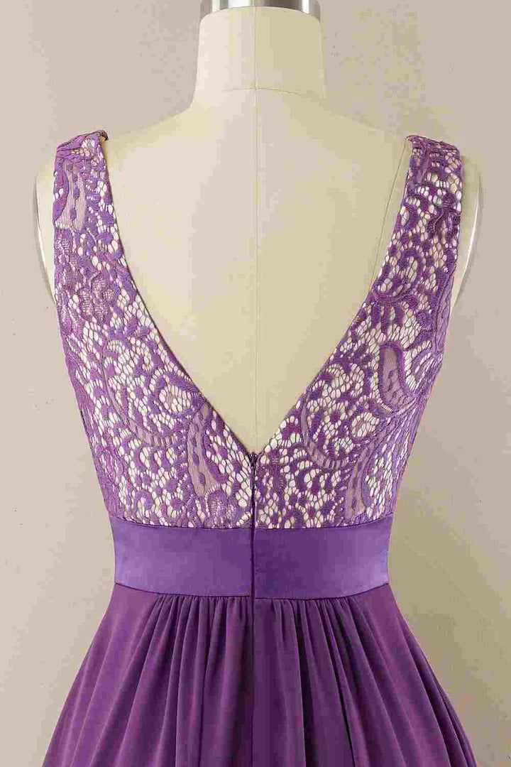 Purple Round neck Lace Jewel Sleeveless Tiered Pleats Bridesmaid Dress ﻿