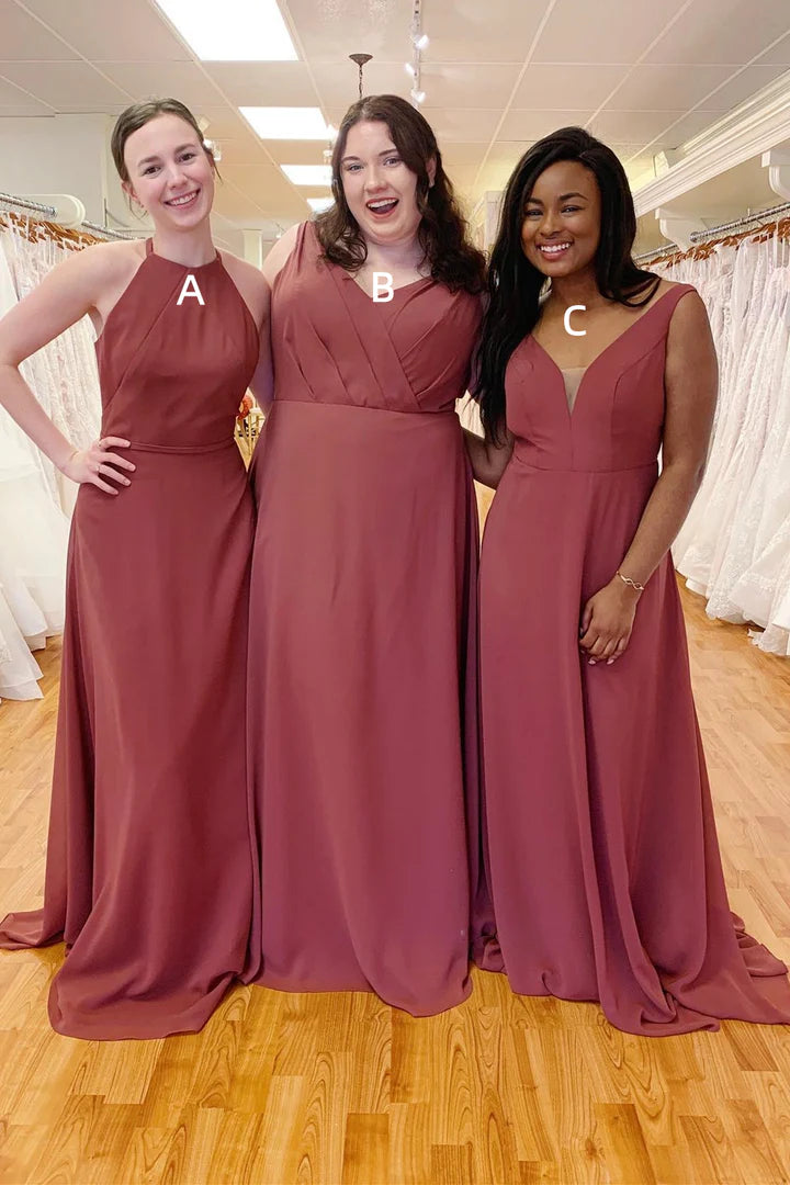 V-Neck/Round neck Mismatched Burgundy Chiffon Bridesmaid Dress