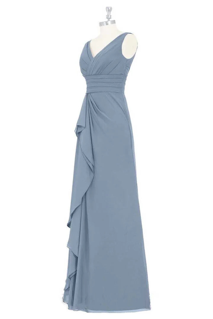 Dusty Blue V-Neck Backless Ruffled Retract your waist Long Bridesmaid Dress