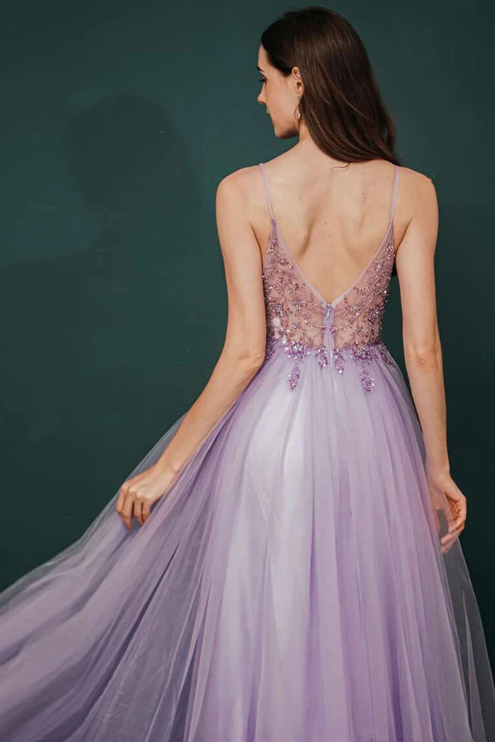 Beaded Tulle Long Prom Dress