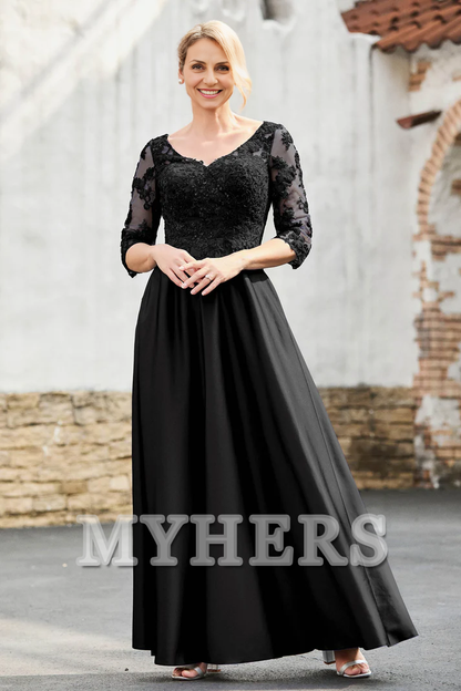 My Hers New Product Mother of The Bride Dress A-Line Satin V-neck Delicate Lace Applique Dress Elegant Wedding Guests Dresses
