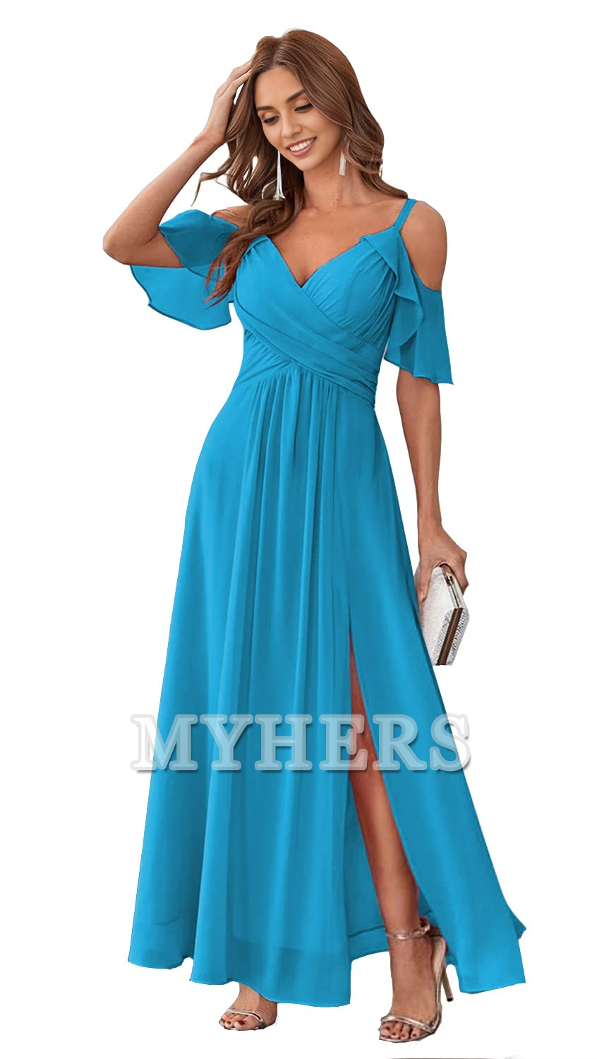Sweetheart Off Shoulder Chiffon Side Fork Elegant Long Bridesmaid Dresses Wedding Guests Dresses