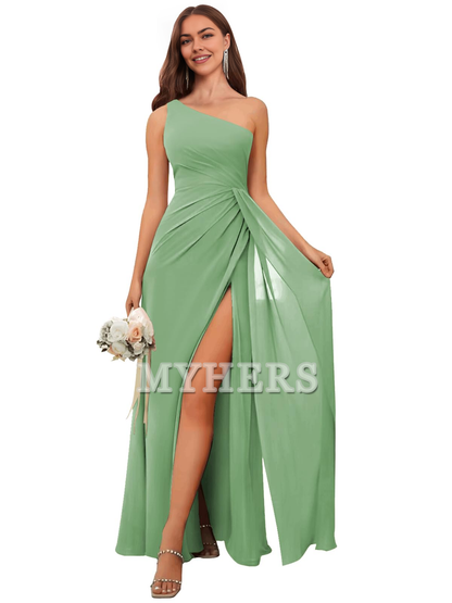 One Shoulder Pleated Charming Chiffon Side Fork Long Bridesmaid Dresses Wedding Guests Dresses