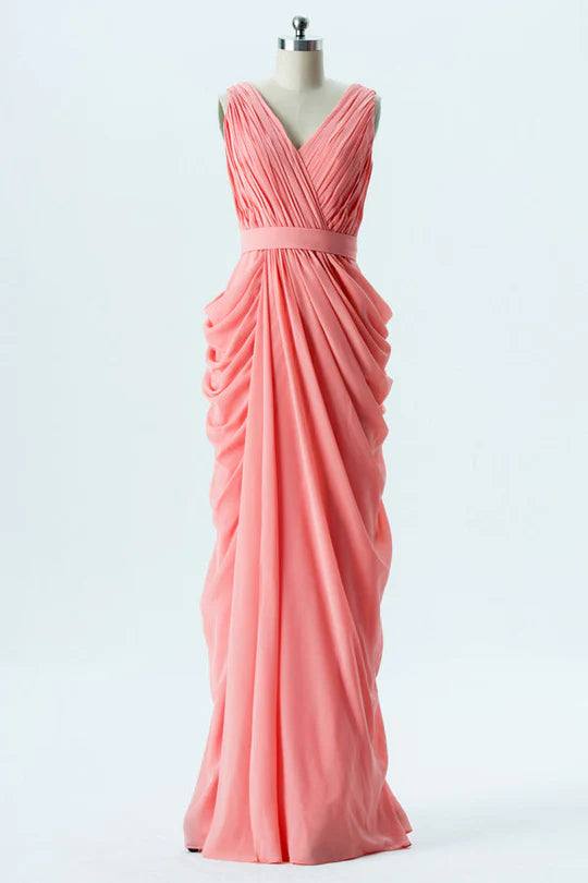 Coral Pink V-Neck Wrap Banded Waist Unique design Bridesmaid Dress ﻿