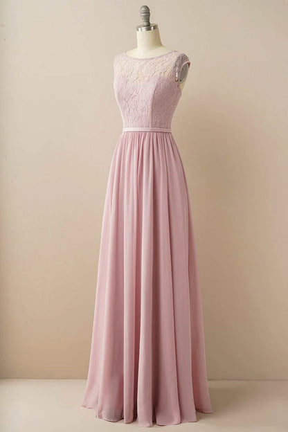 Blush Lace Round neck Sleeveless Backless Pleated Bridesmaid Dress ﻿