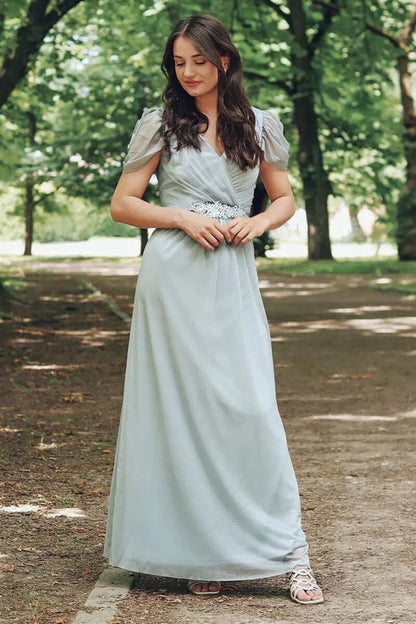 V-Neck Chiffon Cap Sleeve A-Line Long Bridesmaid Dress With Beaded