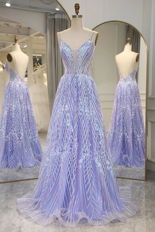 Sparkly Lilac Plunge V A-Line Spaghetti Strap Backless Long Prom Dress With Appliques