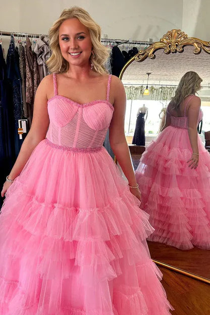 Cute A Line Spaghetti Strap Sweetheart Ruffle Tiered Tulle Prom Dress with Beading