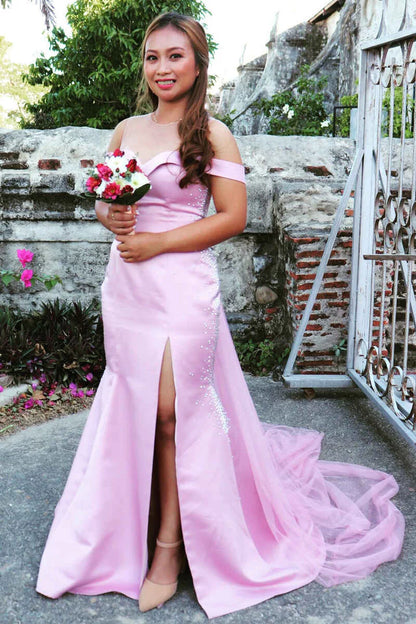 Pink Off-the-Shoulder Mermaid Satin Long Bridesmaid Dress with Slit