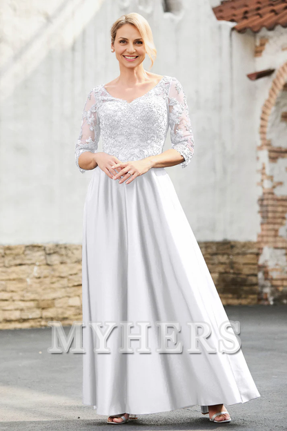 My Hers New Product Mother of The Bride Dress A-Line Satin V-neck Delicate Lace Applique Dress Elegant Wedding Guests Dresses