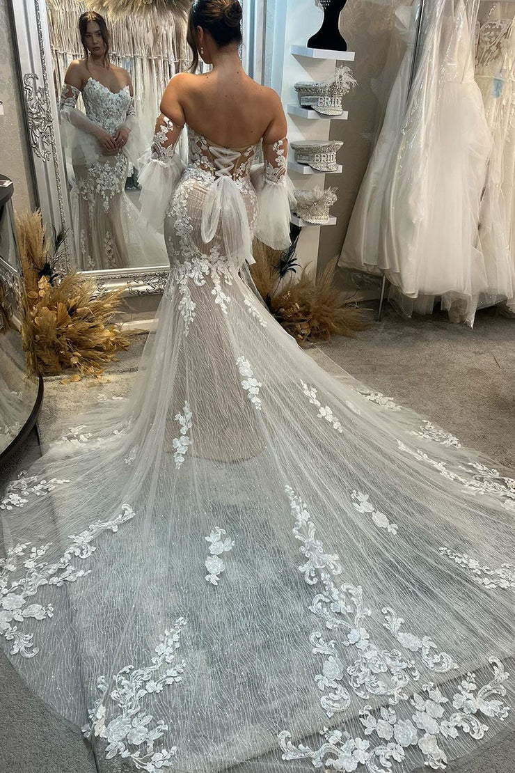 Elegant Mermaid V Neck Off-the-Shoulder Champagne Sparkly Lace Wedding Dress wirh Appliques