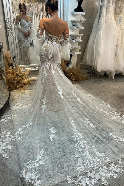 Elegant Mermaid V Neck Off-the-Shoulder Champagne Sparkly Lace Wedding Dress wirh Appliques