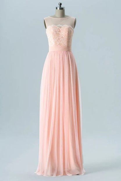 Peach Round neck Embroidered Sleeveless Pleats Bridesmaid Dress