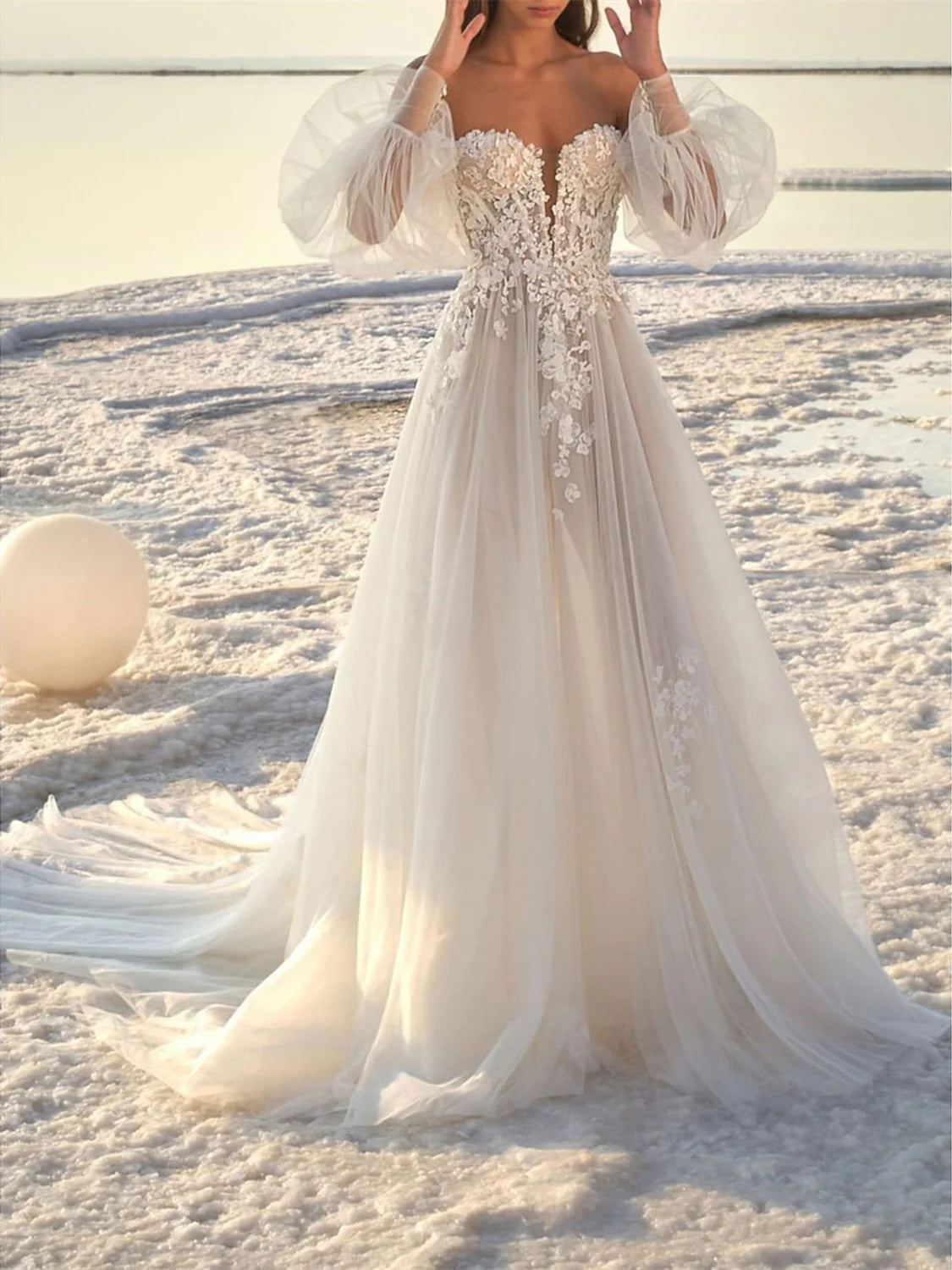 A-Line/Princess Off-the-Shoulder V-Neck Court Train Wedding Dress for Beaching Wedding