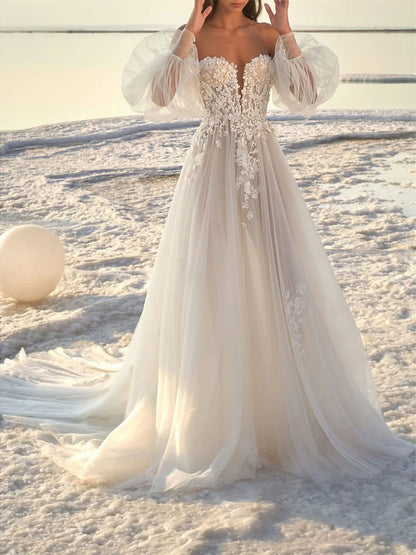 A-Line/Princess Off-the-Shoulder V-Neck Court Train Wedding Dress for Beaching Wedding