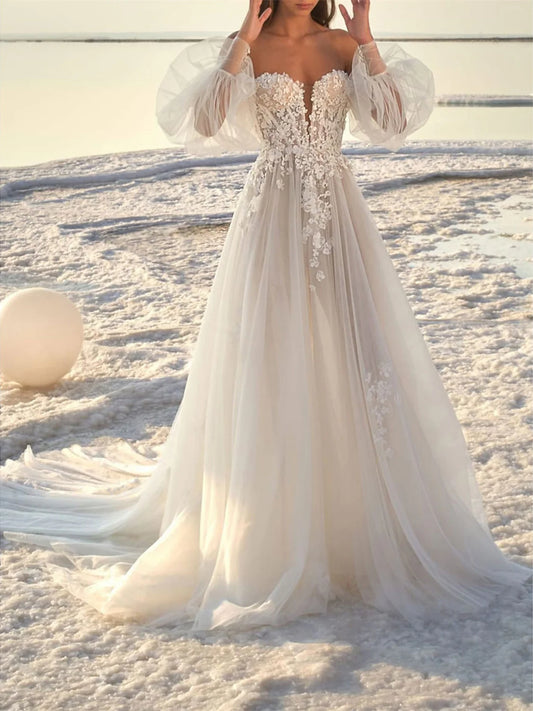 A-Line/Princess Off-the-Shoulder V-Neck Court Train Wedding Dress for Beaching Wedding