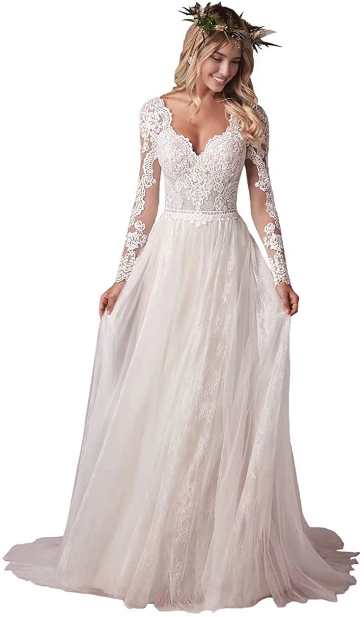 New Pattern Wedding Dress V Neck Mermaid Lace Long sleeves Beach Bridal Dress Formal Women's Dresses