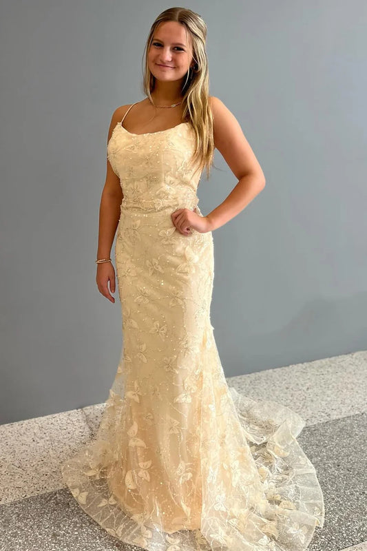 Butterfly Appliques Scoop Neck Mermaid Long Prom Dress