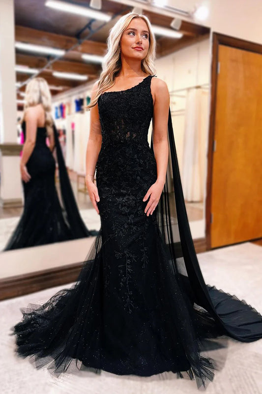 Unique Mermaid One Shoulder Black Wrap The Buttocks Long Prom Dress