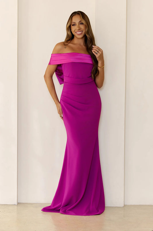 Fuchsia Satin Maxi Prom Dresses with Off Shoulder Satin Trim Ruched Waist Oversized Back Bow for Prom and Red Carpet