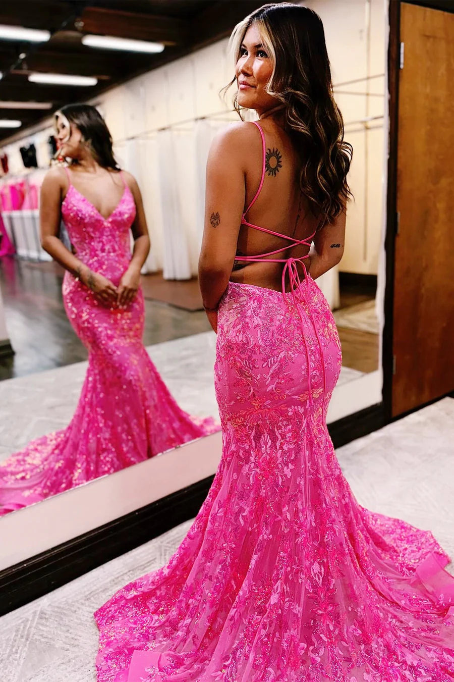 Sequin Lace V-Neck Trumpet Long Prom Dress