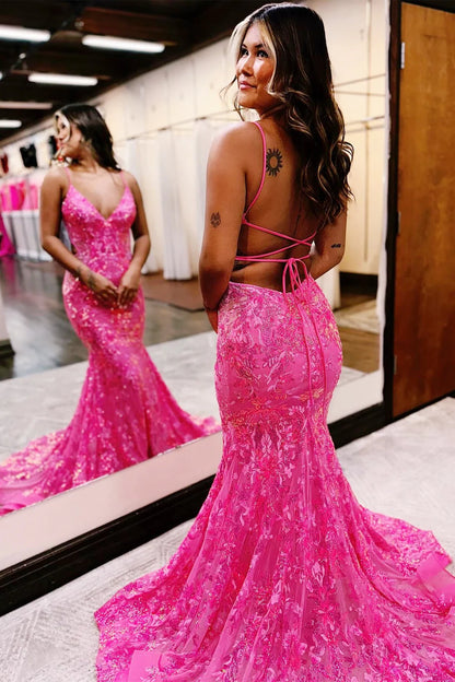 Sequin Lace V-Neck Trumpet Long Prom Dress