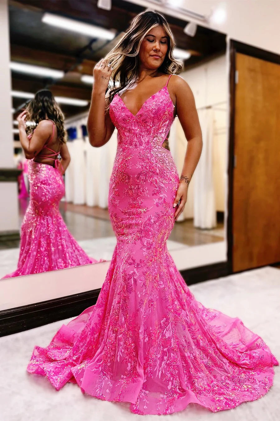 Sequin Lace V-Neck Trumpet Long Prom Dress